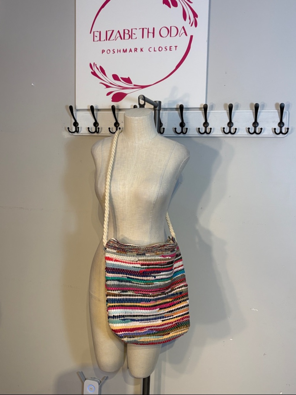 Multicolor Bohemian Woven Crossbody Bag with White Rope Strap